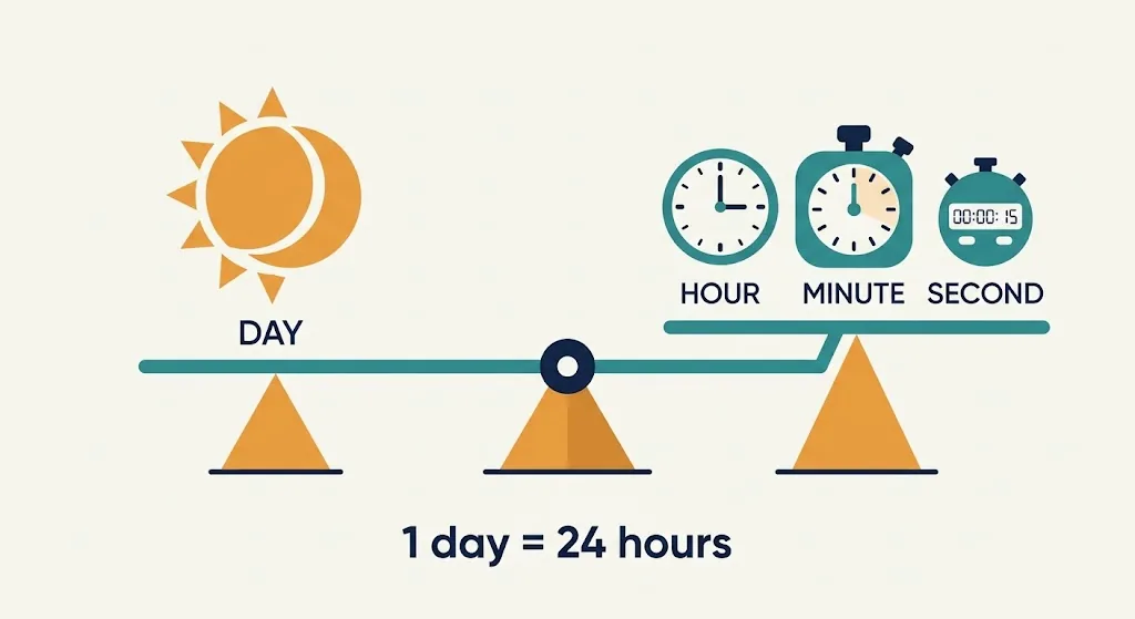 A single day icon on a scale balanced against hour minute and second icons showing time unit conversions