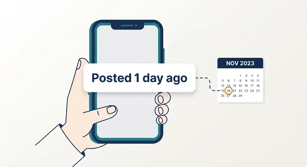 Smartphone chat showing Posted 1 day ago linked to a calendar page showing the exact date