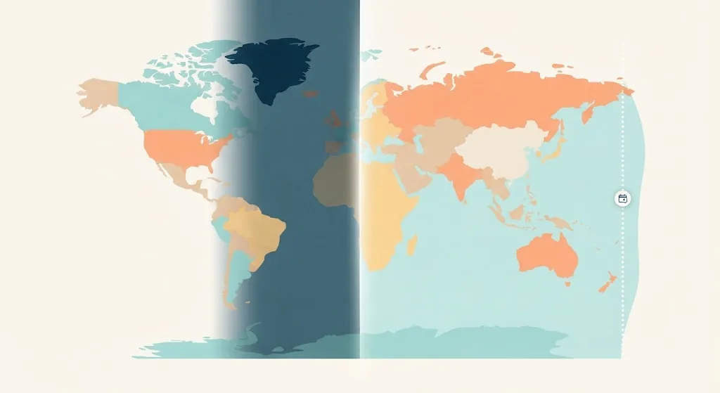 World map with a day and night line crossing it, showing yesterday on one side and today on the other