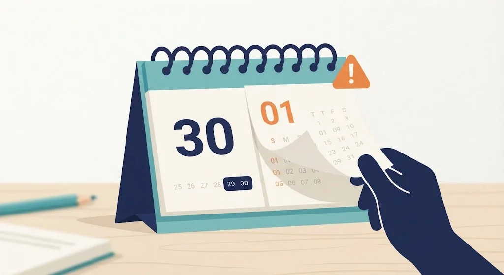 Desk calendar turning from the last day of one month to the first day of the next, with a small warning triangle icon