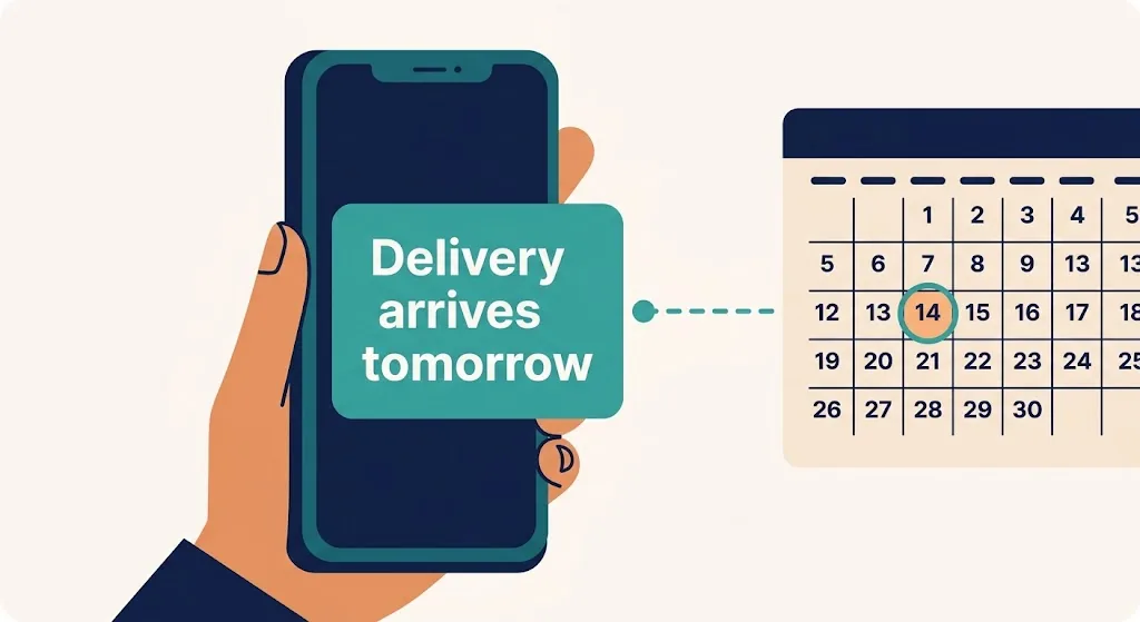 Smartphone screen showing Delivery arrives tomorrow linked by a dashed line to a calendar page with the exact date circled