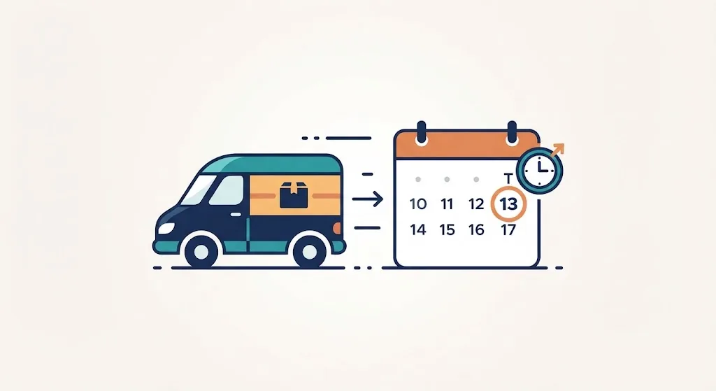 Delivery van icon next to a calendar page with tomorrow's date circled and a small clock badge