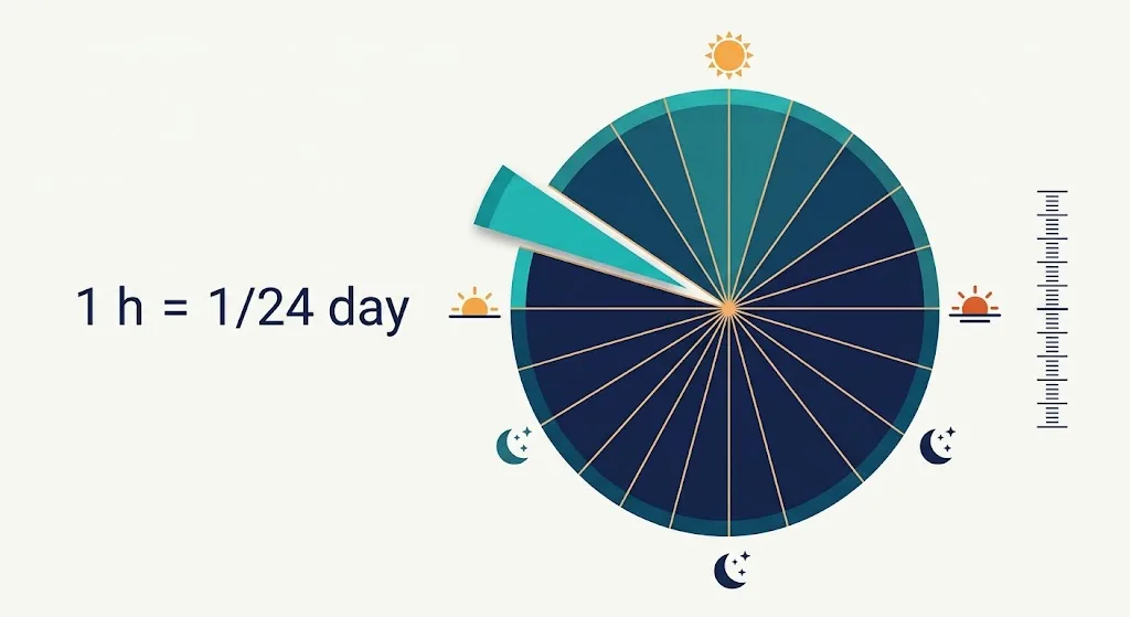 A 24-hour day wheel divided into 24 thin slices, one slice highlighted to show 1 hour equals one twenty-fourth of a day