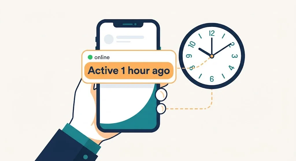 Smartphone chat showing Active 1 hour ago linked to an analog clock with the exact time