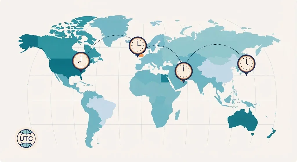 World map with small clocks above New York, London, Dubai and Tokyo each showing a different hour, connected by thin dotted lines