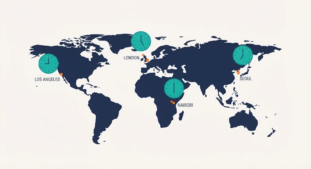 World map with four small clocks above Los Angeles, London, Nairobi and Seoul, each showing a different local time