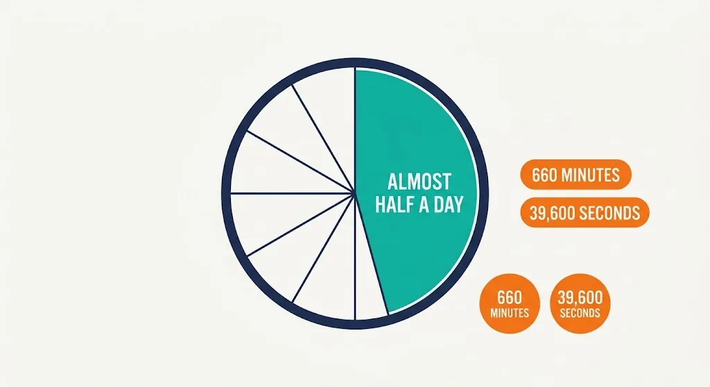 Circle chart with about 46 percent highlighted, labeled 11 hours equals 660 minutes and 39,600 seconds, almost half a day