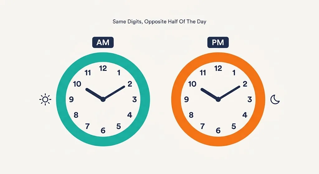 Two identical clock faces, one labeled AM with a sun icon and one labeled PM with a moon icon, same digits opposite half of the day