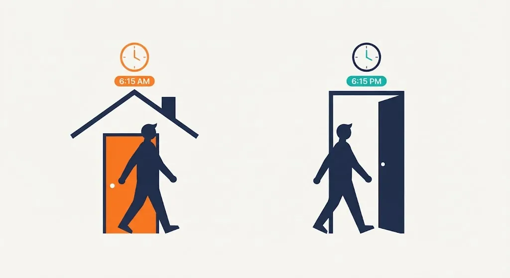 Two silhouettes leaving for work at 6:15 AM and returning home at 6:15 PM, a 12-hour shift