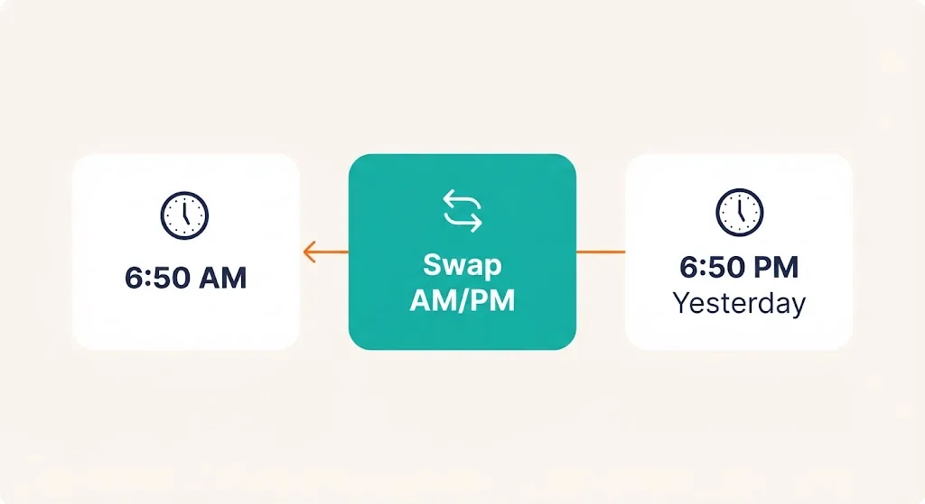 Three cards showing 6:50 AM, a swap AM/PM icon, and the result 6:50 PM yesterday