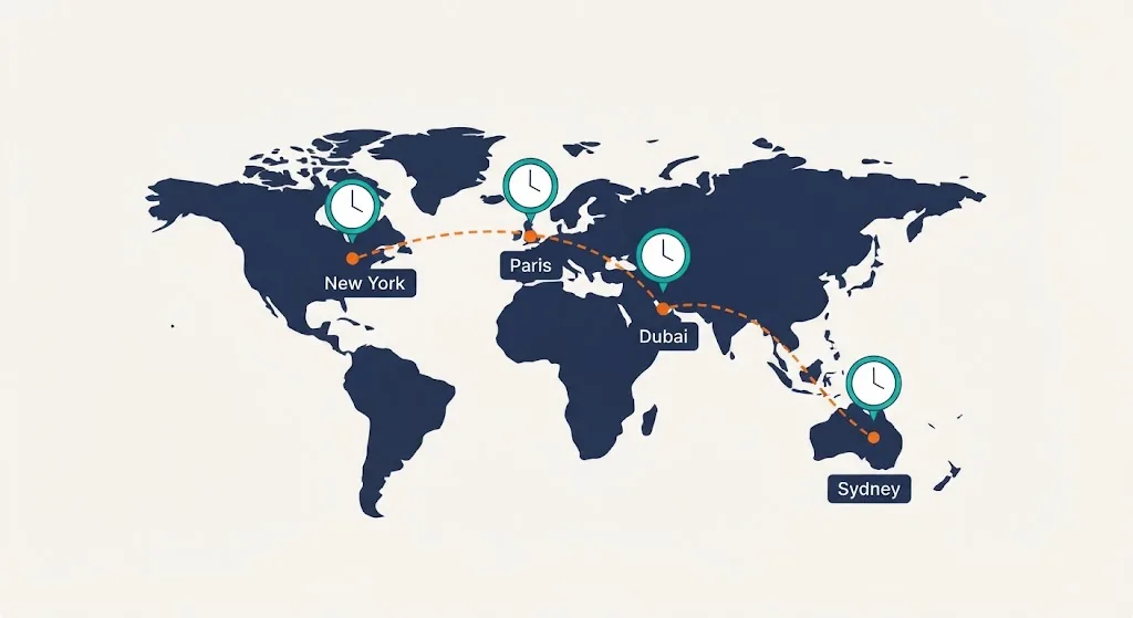 World map with clock pins over New York, Paris, Dubai and Sydney connected by a dashed line