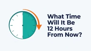 Clock with a teal wedge covering twelve hours and an orange arrow pointing forward, headline What Time Will It Be 12 Hours From Now