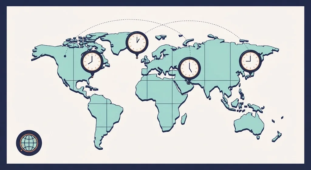 World map with small clocks above New York, London, Dubai and Tokyo each showing a different hour, connected by thin dotted lines