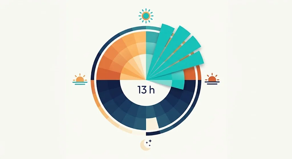 Day chart split in half with a slightly larger thirteen-hour slice highlighted, labeled 13 hours equals 780 minutes