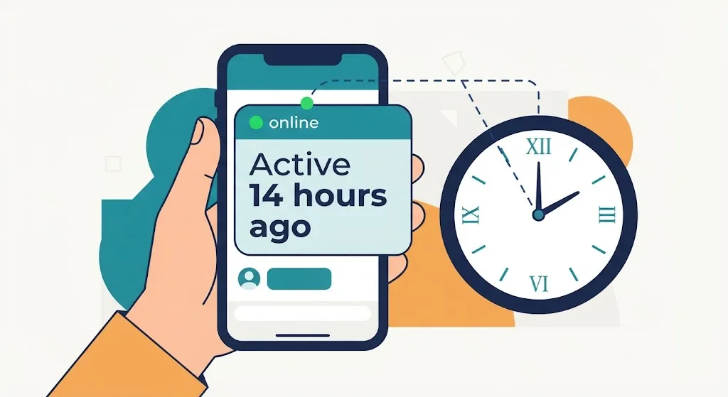 Smartphone notification card reading Active 14 hours ago next to an analog clock showing the exact matching time, spelled exactly