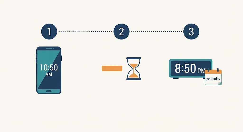 Three cards showing a phone at 10:50 AM, a minus sign, and the result 8:50 PM the night before, spelled exactly