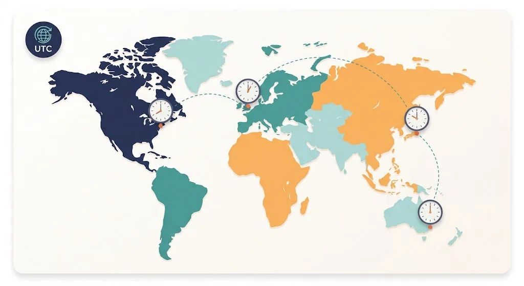 World map with four wall clocks over four city skylines connected by dotted lines, showing different local times for the same moment