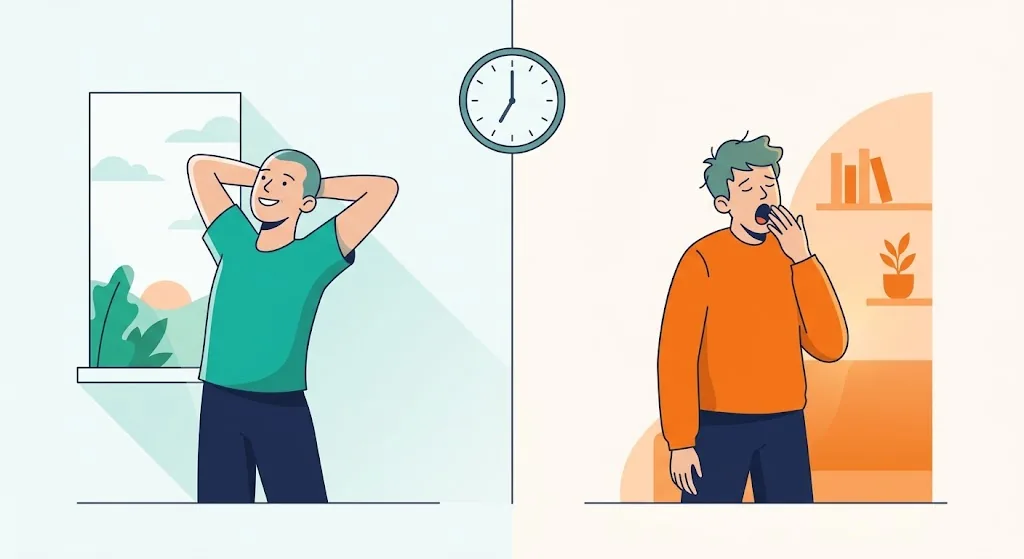 Split scene: a rested person smiling on the left and a tired person yawning on the right, both under a clock showing sixteen hours