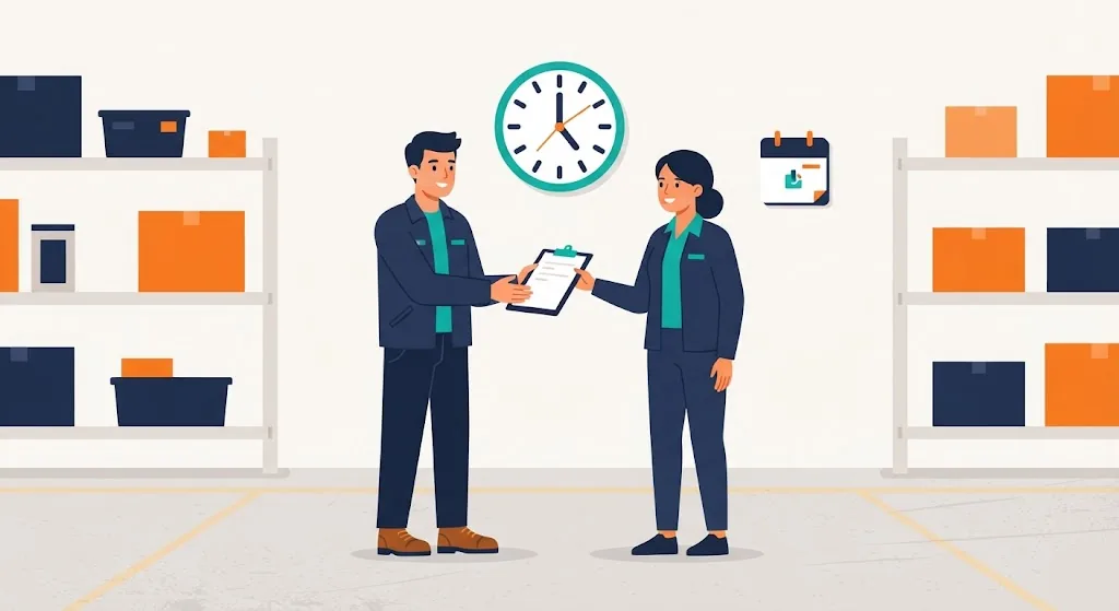 Warehouse worker handing a clipboard to a colleague during a shift handover, with a wall clock behind them