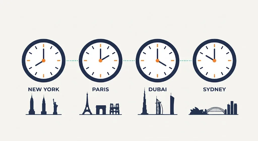Four wall clocks above New York, Paris, Dubai and Sydney skylines, connected by dotted lines