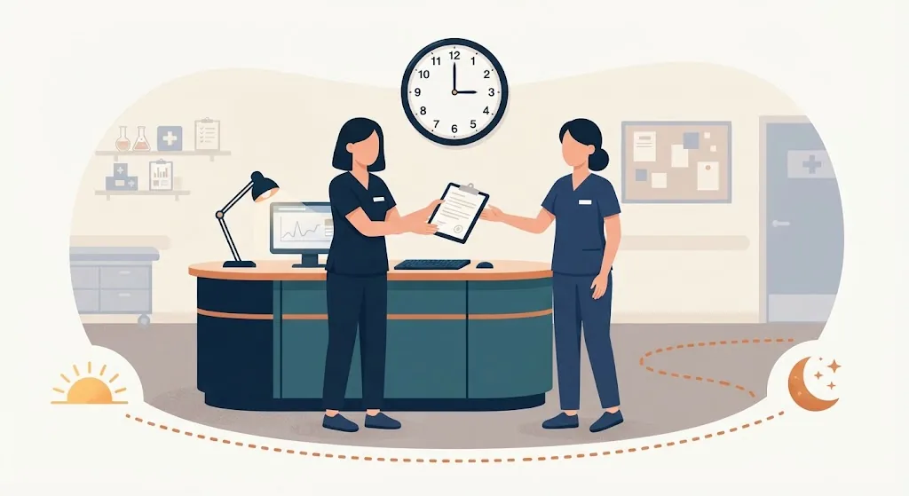 Illustration of a nurse handing a clipboard to a colleague at night, with a clock showing a sixteen-hour gap between shift start and handover