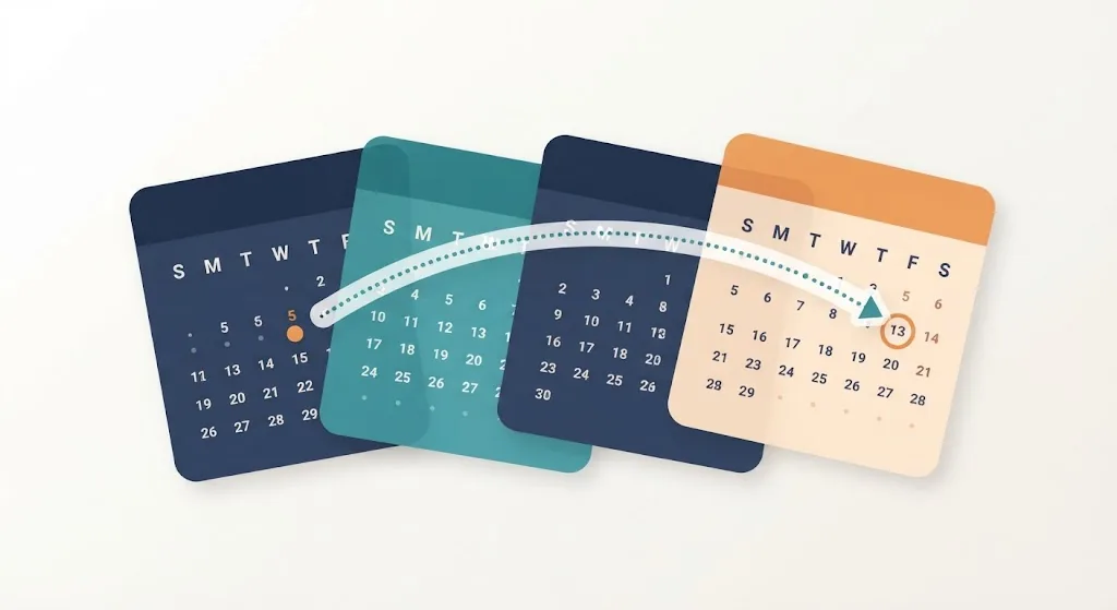 Four overlapping calendar month cards fanned out with a dotted arrow crossing to a circled date on the fourth card