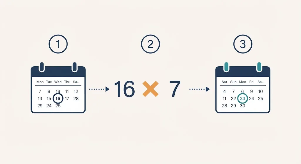 Three flat icons showing a calendar marked today, sixteen multiplied by seven, and a future date circled