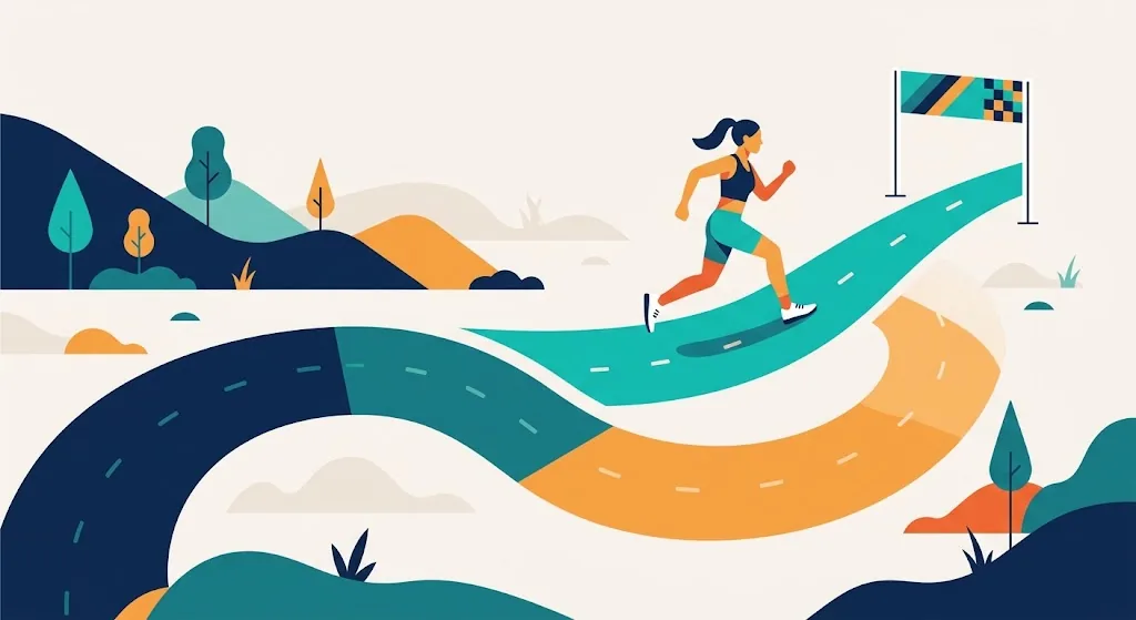 Runner on a winding road divided into four training phase segments ending near a finish-line banner