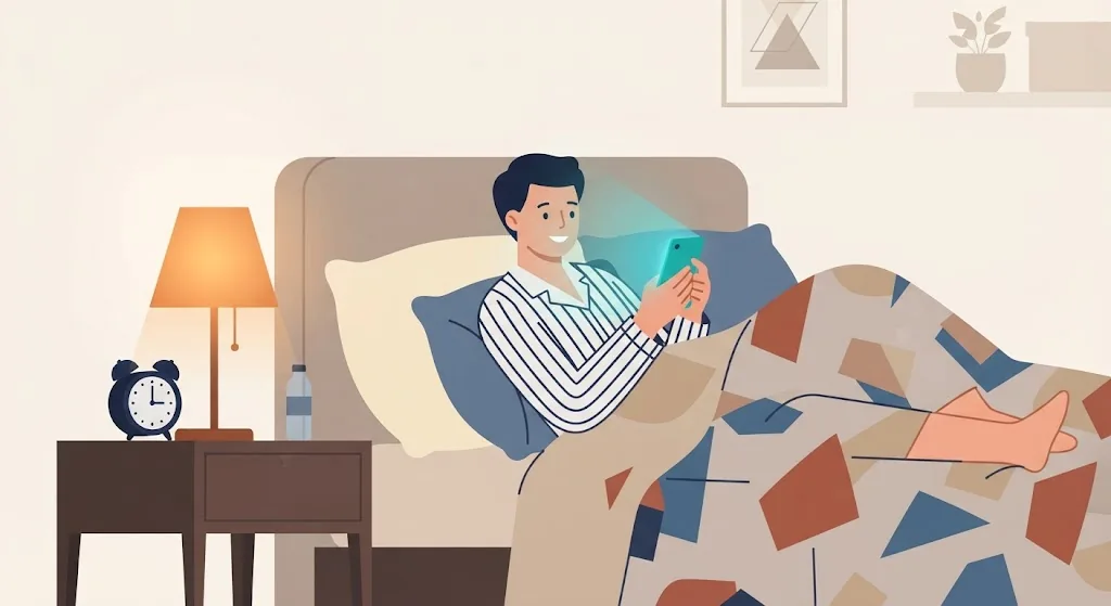 Person checking a phone in bed at night next to a lit lamp and an alarm clock