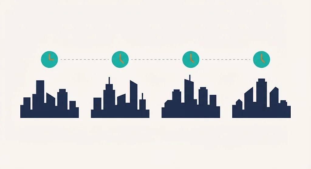 Four city skylines with small clocks above them connected by dashed lines