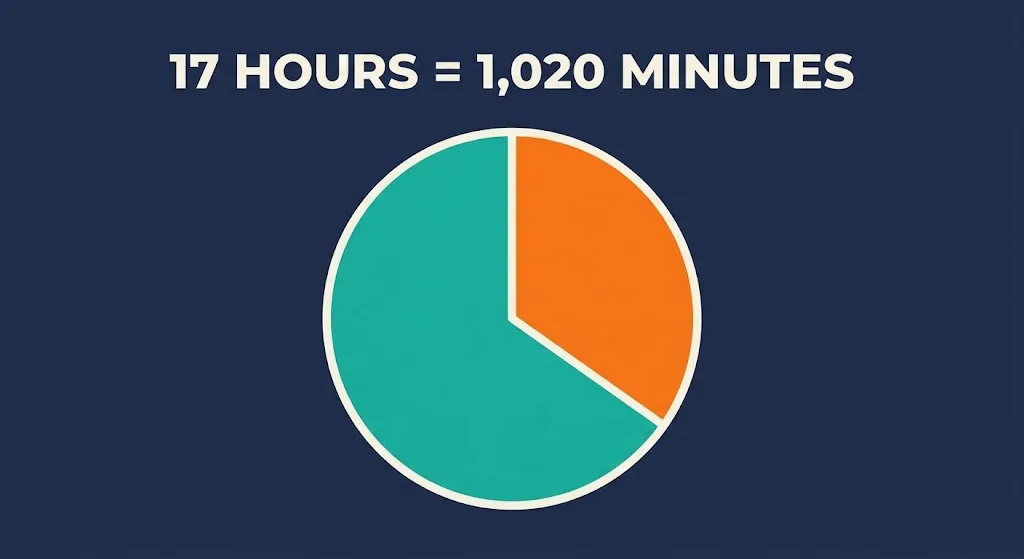 Circle showing a day split into slices, most of it highlighted, labeled 17 hours equals 1,020 minutes