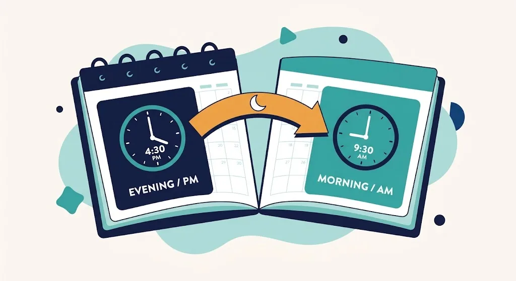 Calendar splitting into two pages with an arrow crossing a crescent moon, clocks showing 4:30 PM and 9:30 AM
