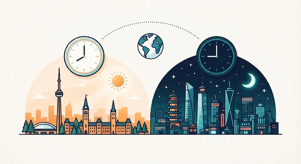 Two wall clocks above Toronto and Seoul skylines connected by a dotted arc, the Toronto clock reading morning and the Seoul clock reading night