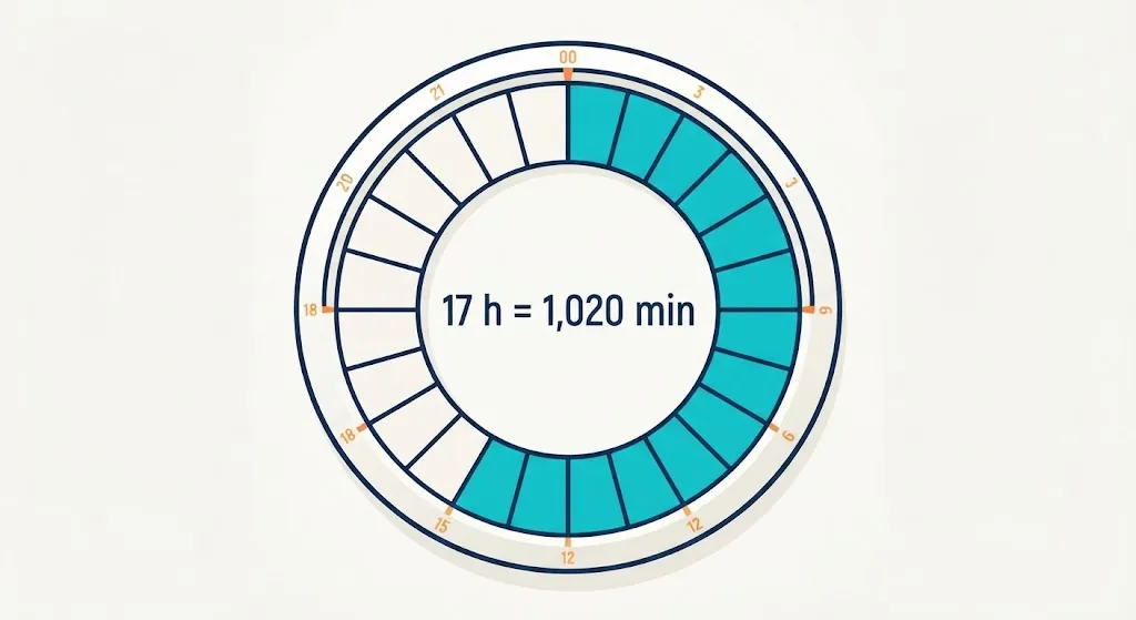 Ring chart of a 24-hour day cut into 24 one-hour slices with seventeen highlighted in teal, labeled 17 hours equals 1,020 minutes