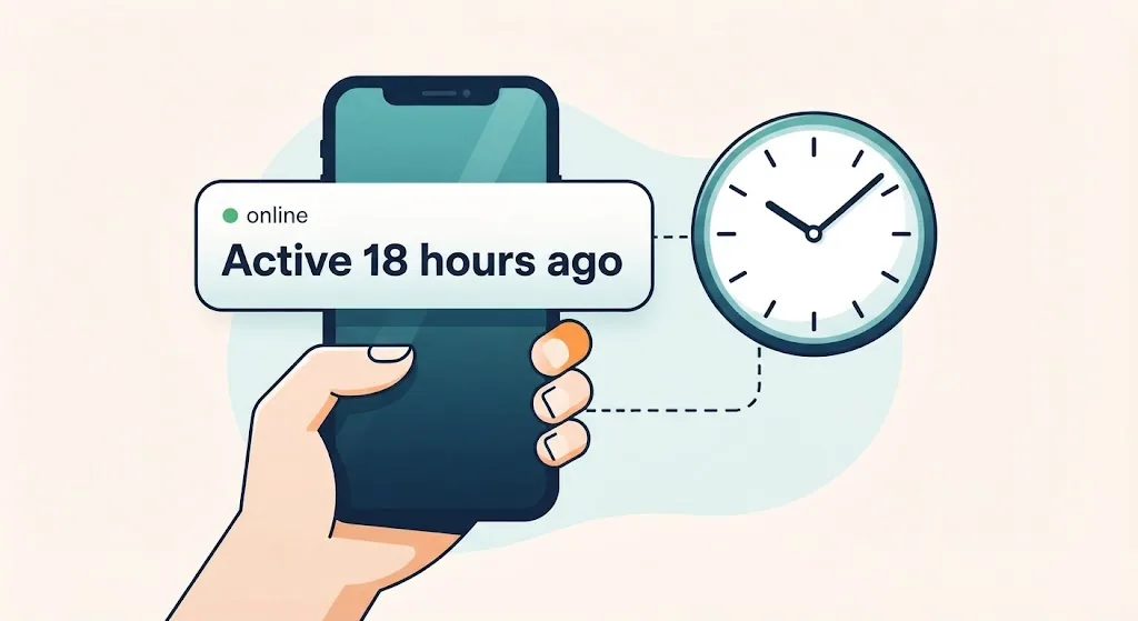 Smartphone chat showing Active 18 hours ago linked to an analog clock with the exact time