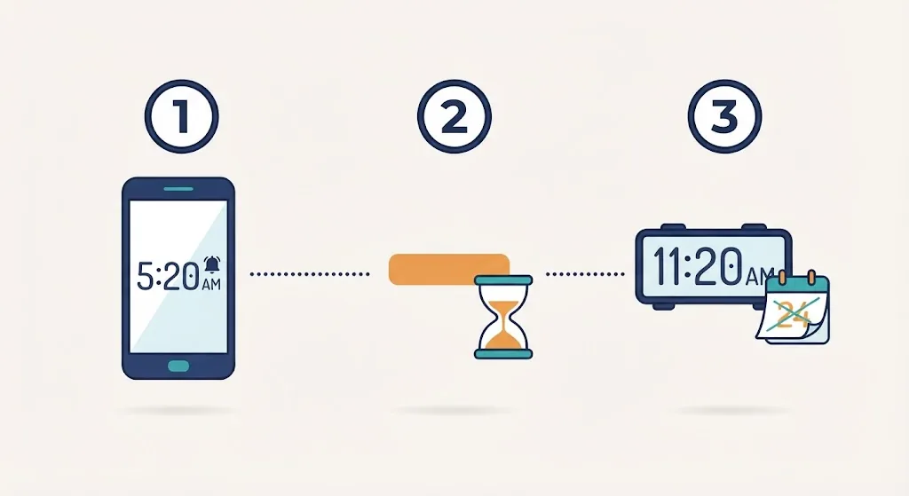 Three steps to calculate 18 hours ago: check the clock at 5:20 AM, subtract eighteen hours, get 11:20 AM the day before