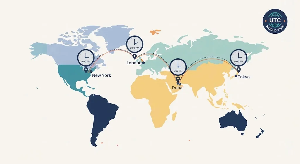World map with clocks above four cities each showing a different hour for the same moment