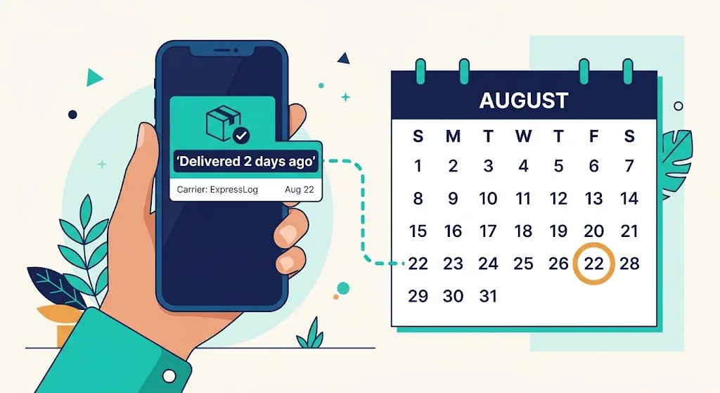 Smartphone screen showing a notification card reading Delivered 2 days ago next to a calendar page with one date circled