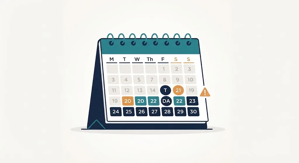 Desk calendar with two days highlighted differently, one labeled tomorrow and one the day after, with a warning triangle icon