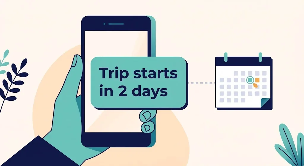 Smartphone screen showing Trip starts in 2 days linked by a dashed line to a calendar page with the exact date circled