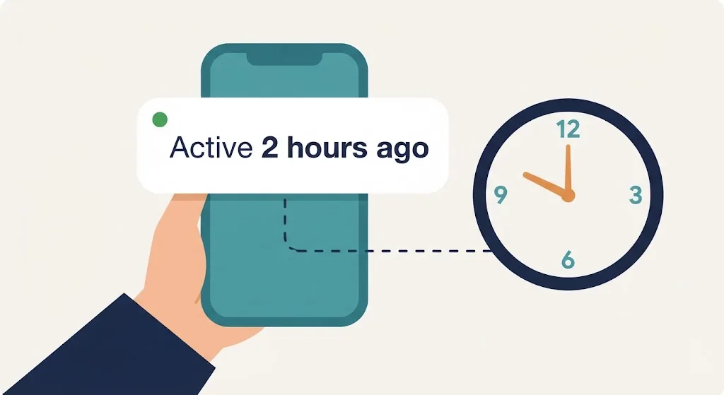 Smartphone chat showing Active 2 hours ago linked to an analog clock with the exact time
