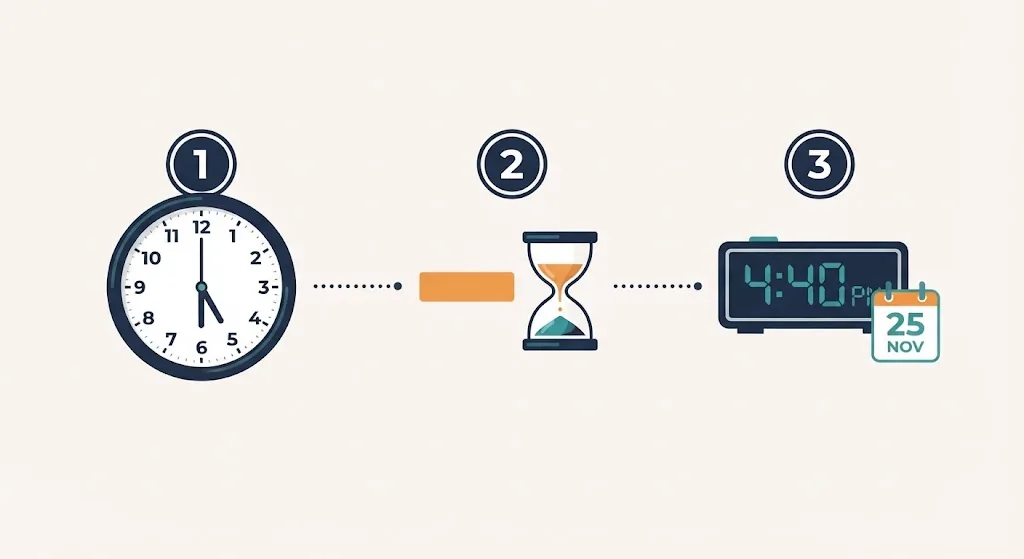 Three steps to calculate 2 hours ago: check a wall clock at 6:40 PM, subtract two hours, get 4:40 PM