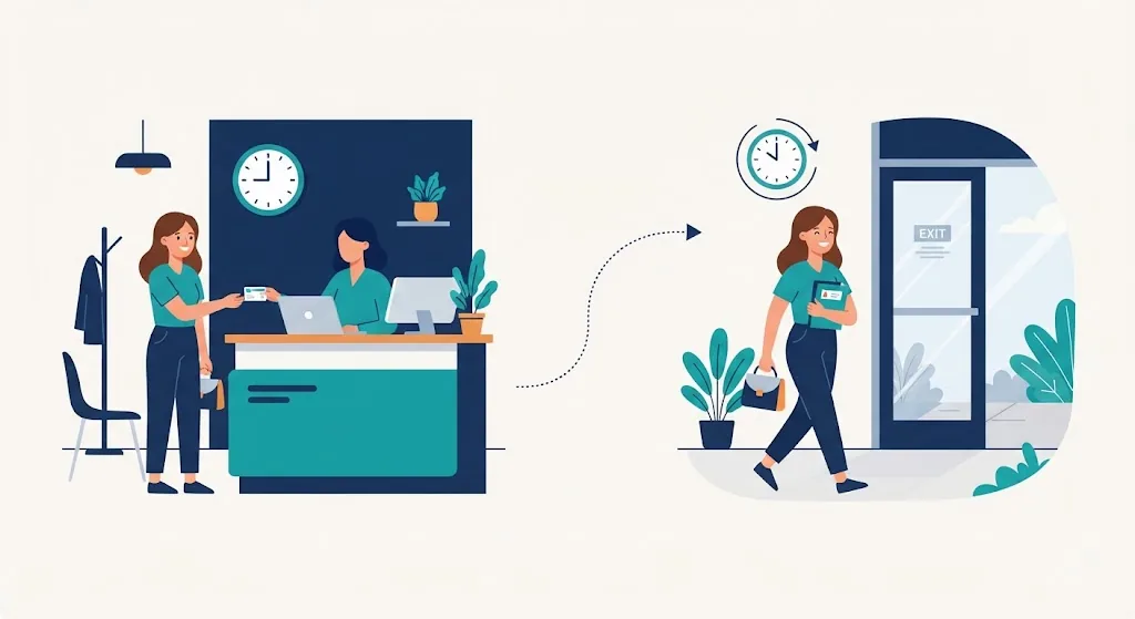 Illustration of a person checking in for a doctor's appointment in the morning and leaving two hours later