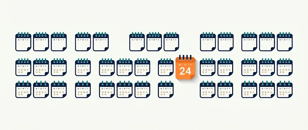 Row of calendar page icons numbered across six month groups with the 24th week page highlighted in orange