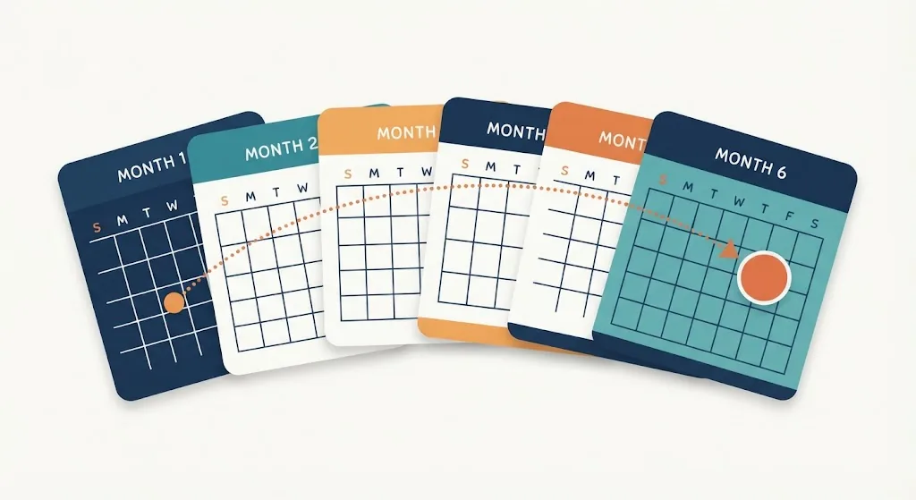 Six overlapping calendar month cards in a fan shape with a dotted arrow crossing from the first card to a circled date on the sixth card