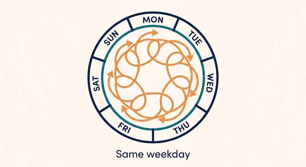 Circular diagram of the seven weekdays with a looping orange arrow winding around the ring 24 times before stopping