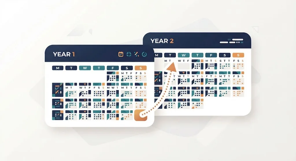 Two overlapping calendar year cards joined by a dotted arrow crossing from a starting date near year-end into the following year