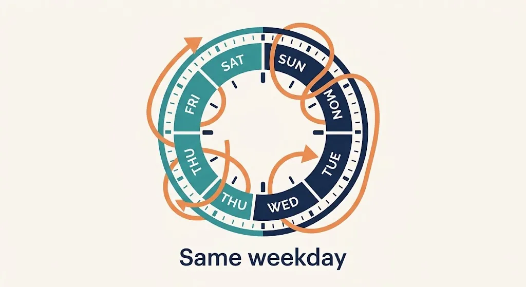 Circular diagram of the seven weekdays split into two matching color halves with a looping orange arrow winding around 26 times