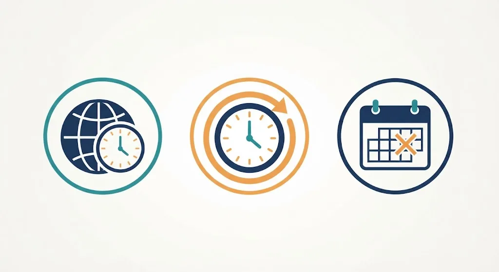 Three warning icons for timezone confusion, a clock with a DST arrow, and an off-by-one counting mistake on a calendar