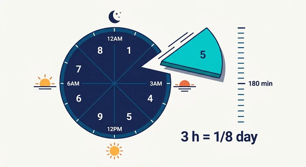 A 24-hour day wheel divided into eight equal slices, one slice highlighted to show 3 hours equals one eighth of a day